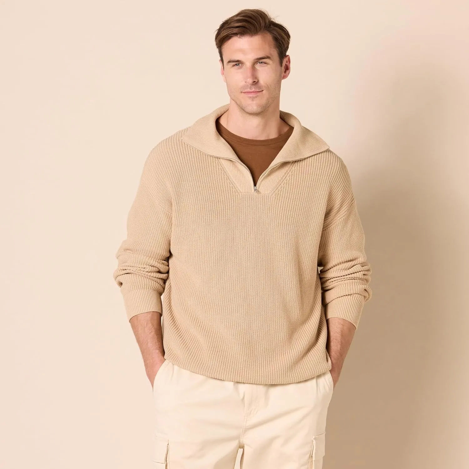 Amazon Essentials Men's Quarter-Zip Rib-Knit Relaxed-Fit Sweater