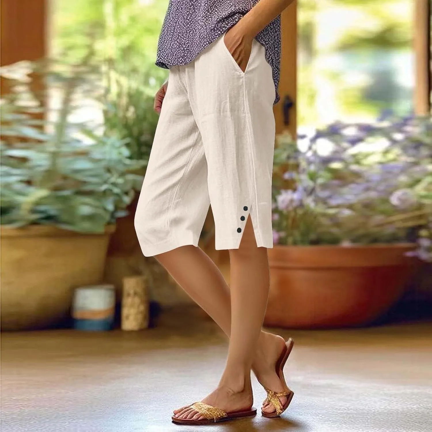 Bermuda Shorts for Women Knee Length Casual Summer Linen Capri Pants Lightweight Beach Vacation Pant with Pockets