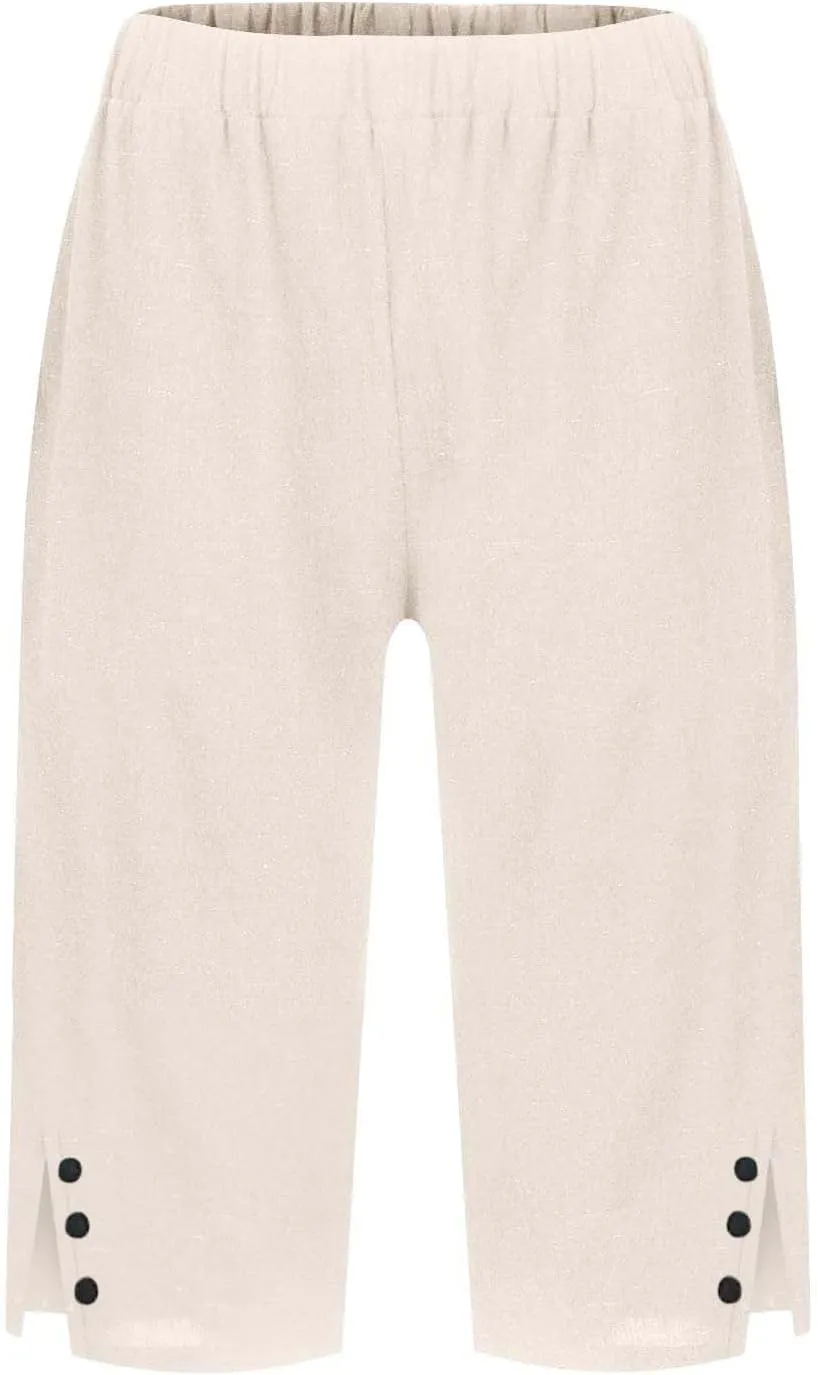 Bermuda Shorts for Women Knee Length Casual Summer Linen Capri Pants Lightweight Beach Vacation Pant with Pockets