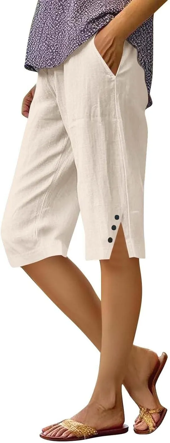 Bermuda Shorts for Women Knee Length Casual Summer Linen Capri Pants Lightweight Beach Vacation Pant with Pockets