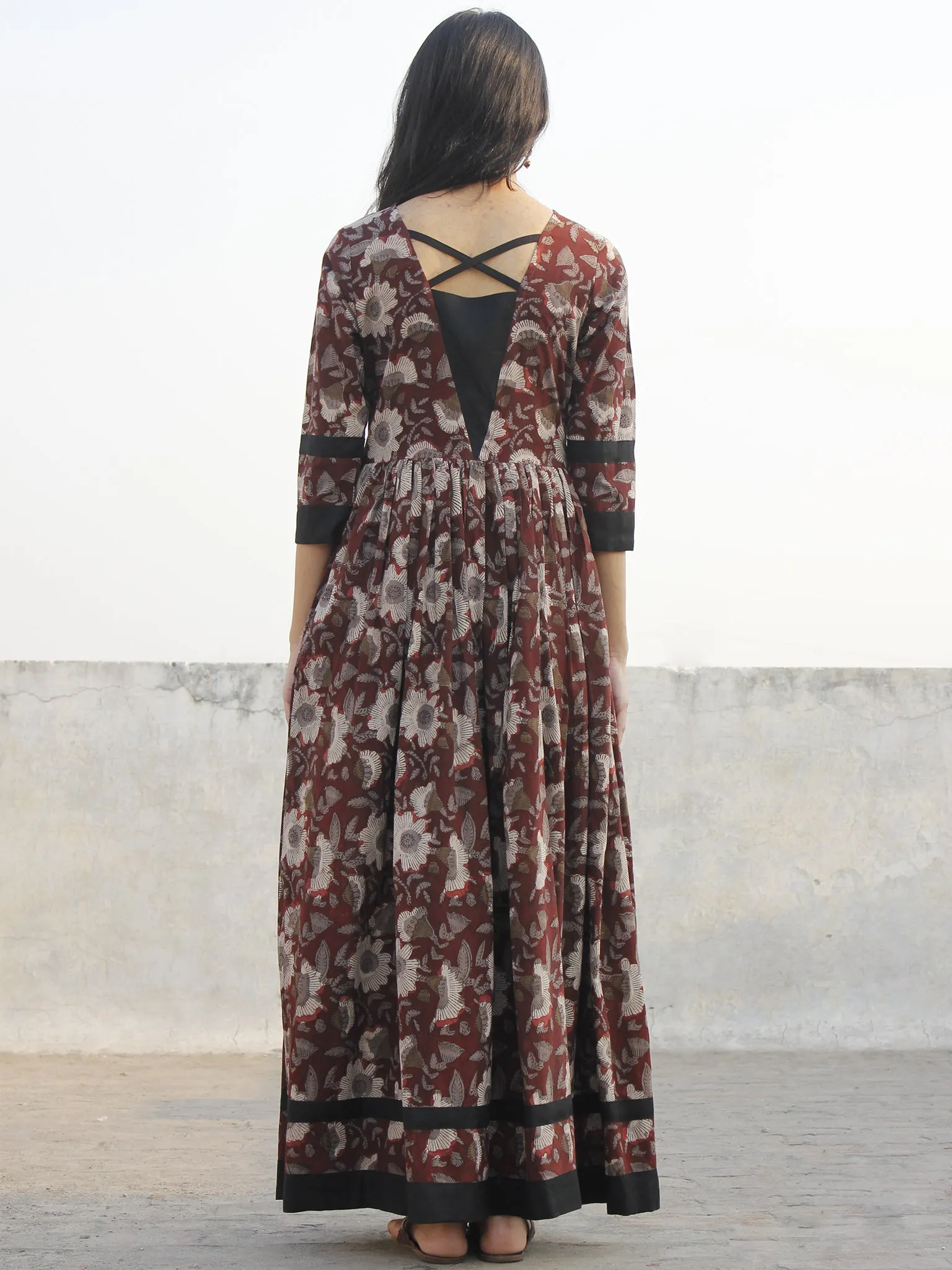 Brown Ivory Grey Black Hand Block Printed Cotton Long Dress With Back Details - D136F1136