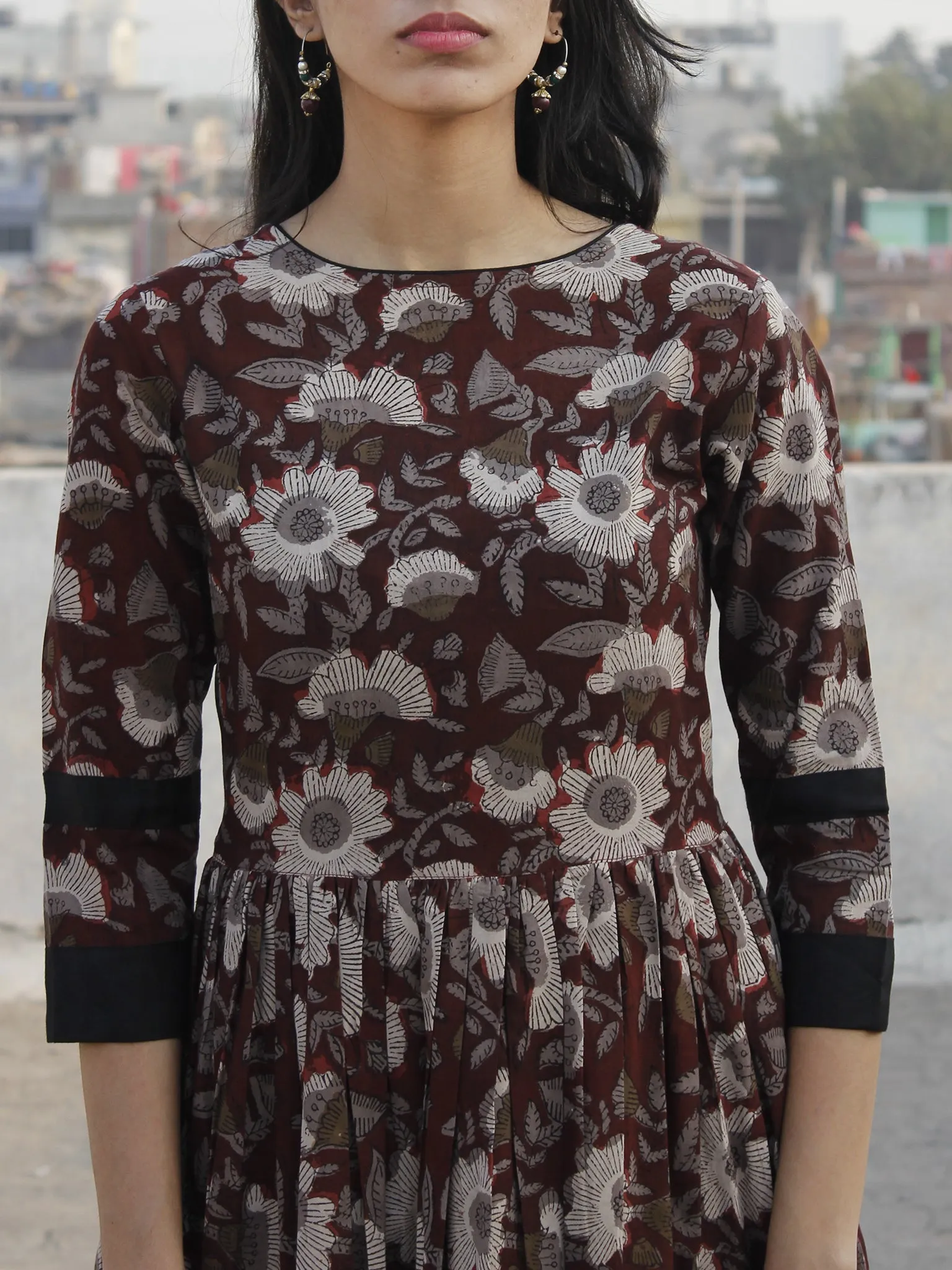 Brown Ivory Grey Black Hand Block Printed Cotton Long Dress With Back Details - D136F1136