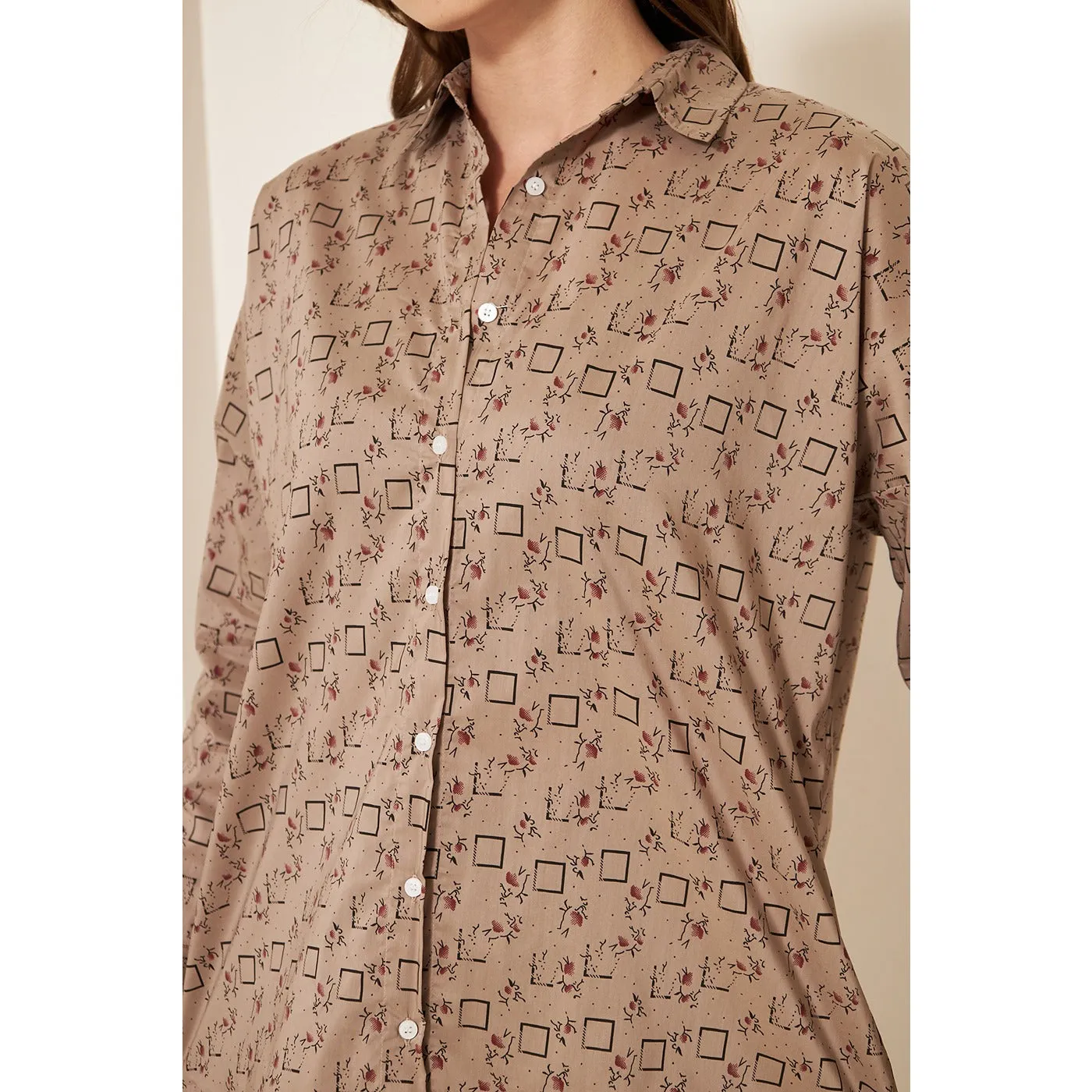 Brown Printed Oversized Shirt