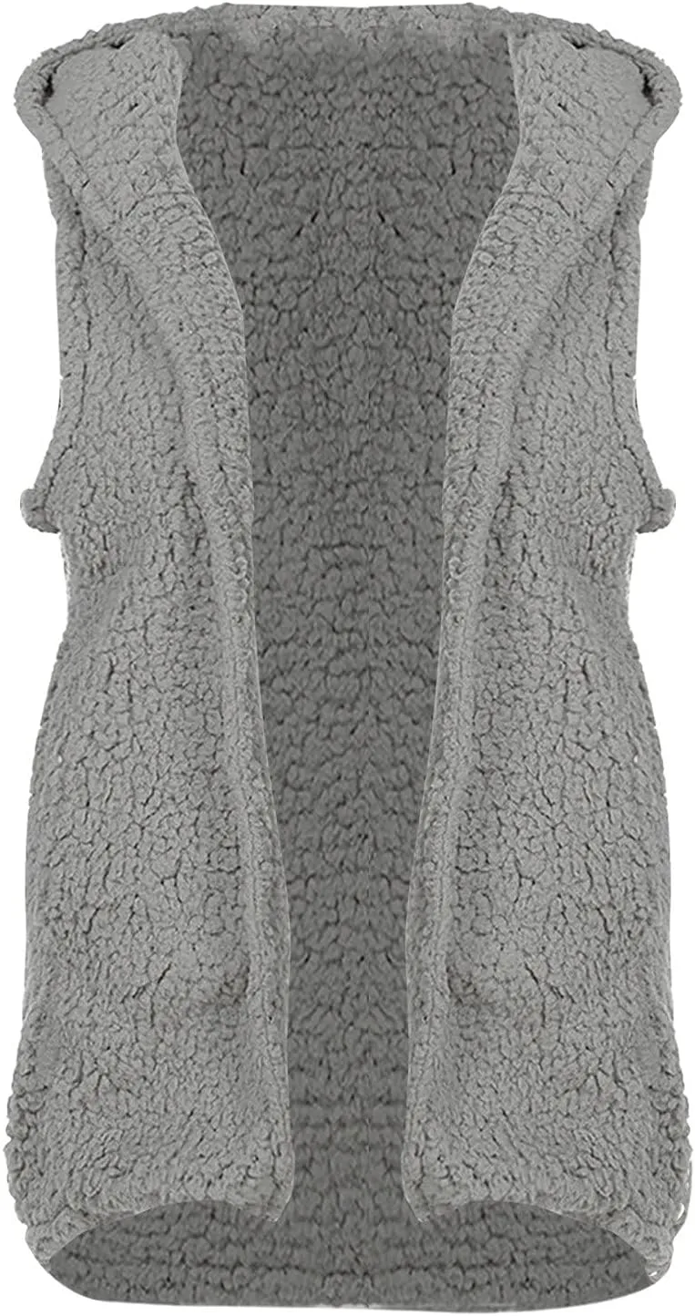 Cardigan for Women Fuzzy Fleece Hooded Sherpa Jackets Open Front Sleeveless Sweater Vest Warm Quilted Coat Pockets