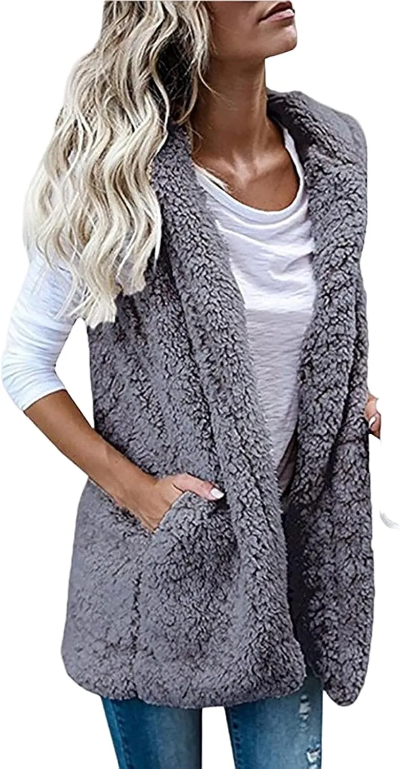 Cardigan for Women Fuzzy Fleece Hooded Sherpa Jackets Open Front Sleeveless Sweater Vest Warm Quilted Coat Pockets