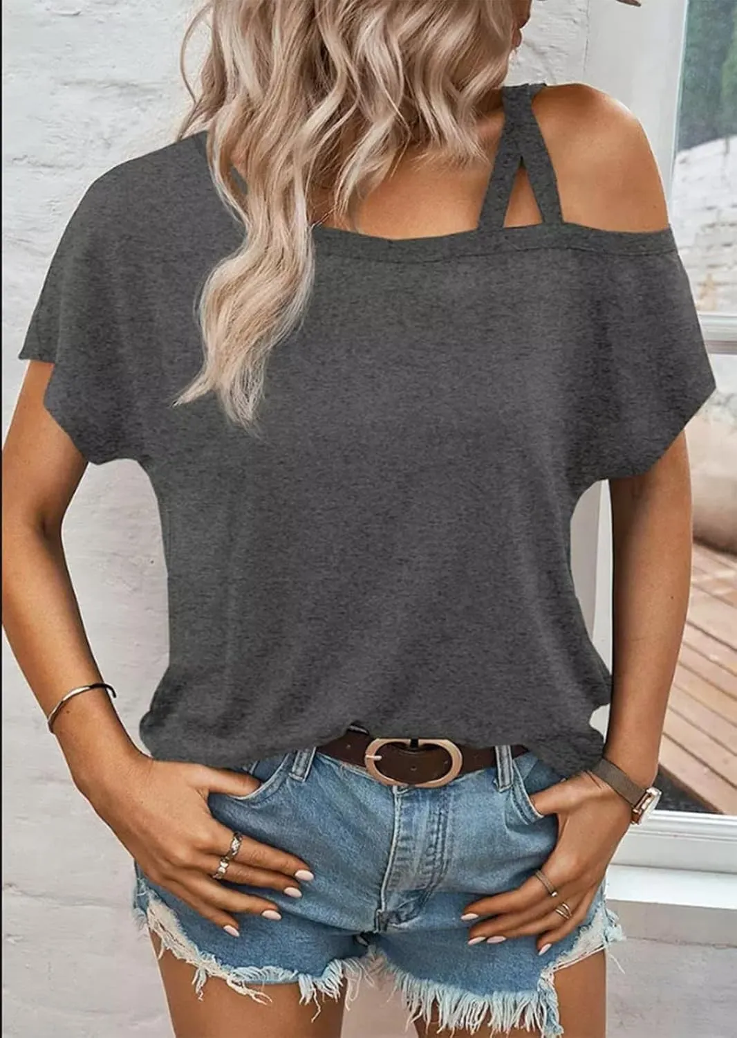 Criss-Cross Cold Shoulder Tops Shirt Women Sexy One Sided Shoulder Blouse Tee Casual Loose Vacation Tunics Top