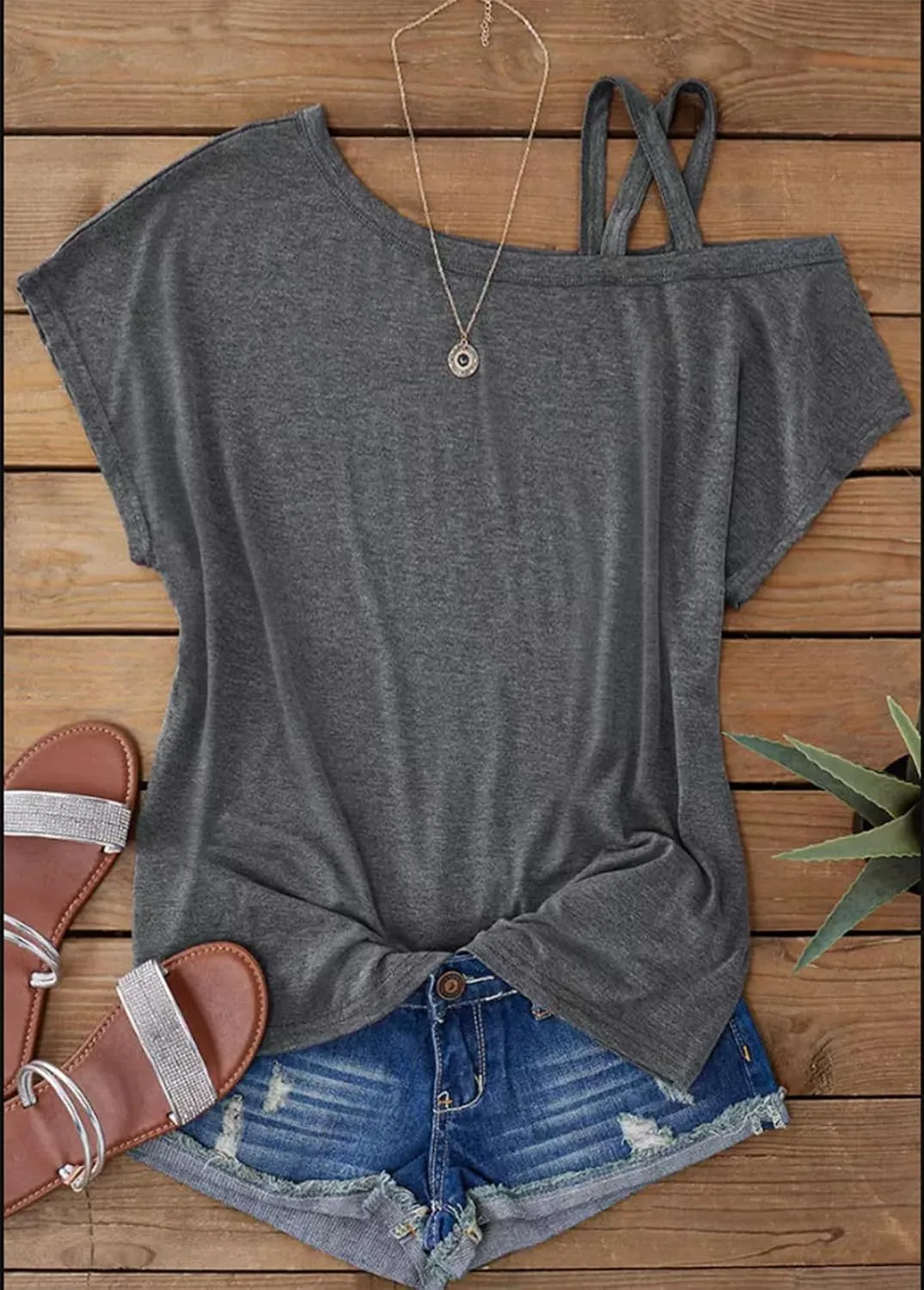 Criss-Cross Cold Shoulder Tops Shirt Women Sexy One Sided Shoulder Blouse Tee Casual Loose Vacation Tunics Top