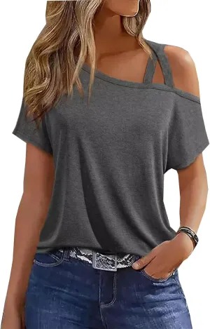 Criss-Cross Cold Shoulder Tops Shirt Women Sexy One Sided Shoulder Blouse Tee Casual Loose Vacation Tunics Top