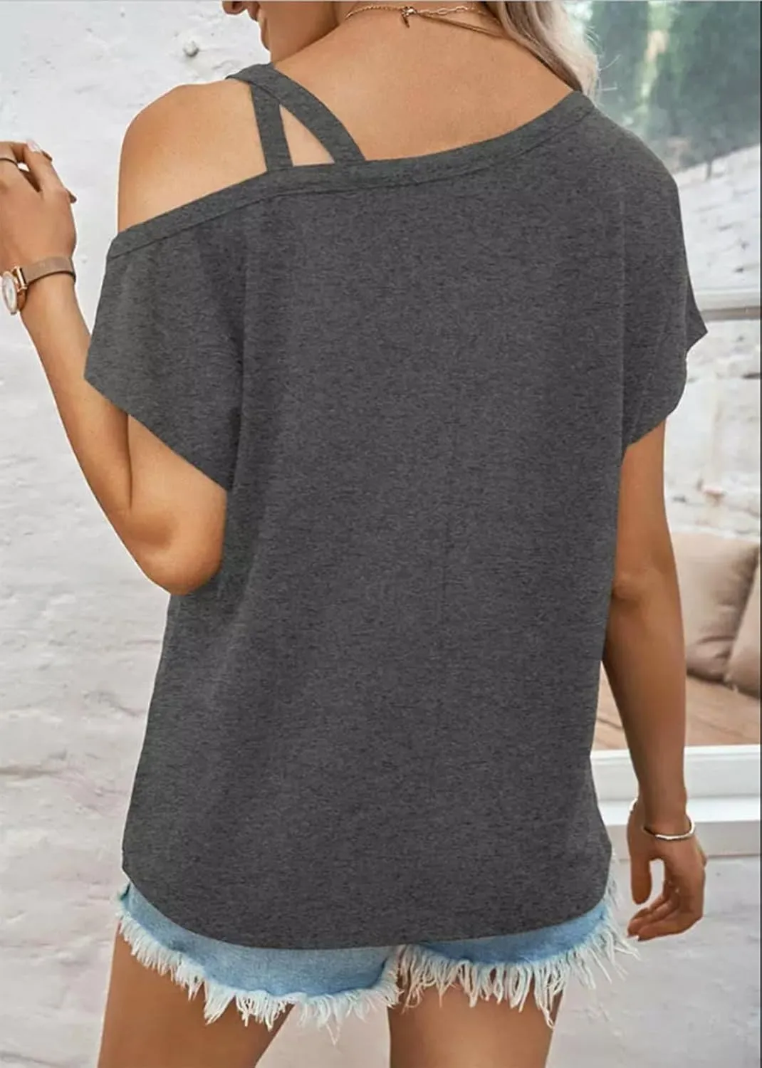 Criss-Cross Cold Shoulder Tops Shirt Women Sexy One Sided Shoulder Blouse Tee Casual Loose Vacation Tunics Top