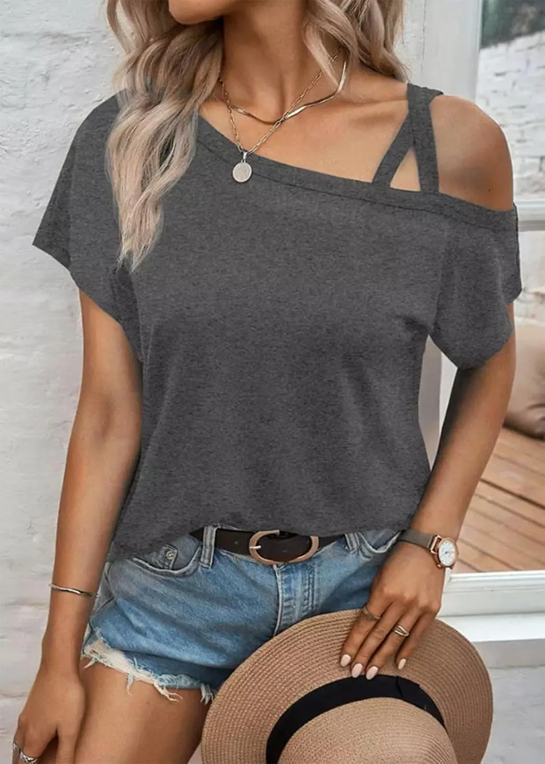 Criss-Cross Cold Shoulder Tops Shirt Women Sexy One Sided Shoulder Blouse Tee Casual Loose Vacation Tunics Top
