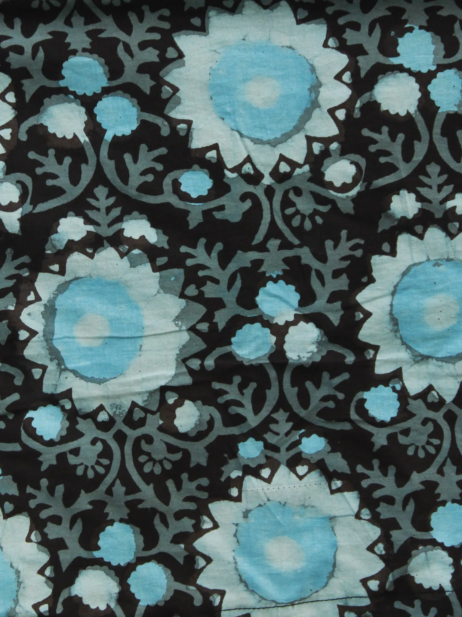 Dark Brown Blue Hand Blocked Cotton Dress With Tie Up Waist  - D159F1062