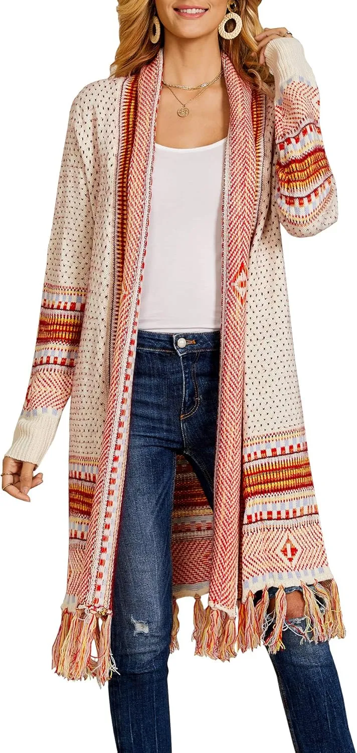FERBIA Women Boho Cardigan Sweater Long Open Front Maxi Knit Sweaters Aztec Tribal Tassel Fringe Thin Coat