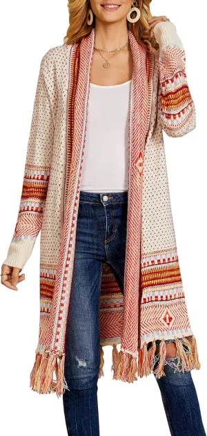 FERBIA Women Boho Cardigan Sweater Long Open Front Maxi Knit Sweaters Aztec Tribal Tassel Fringe Thin Coat