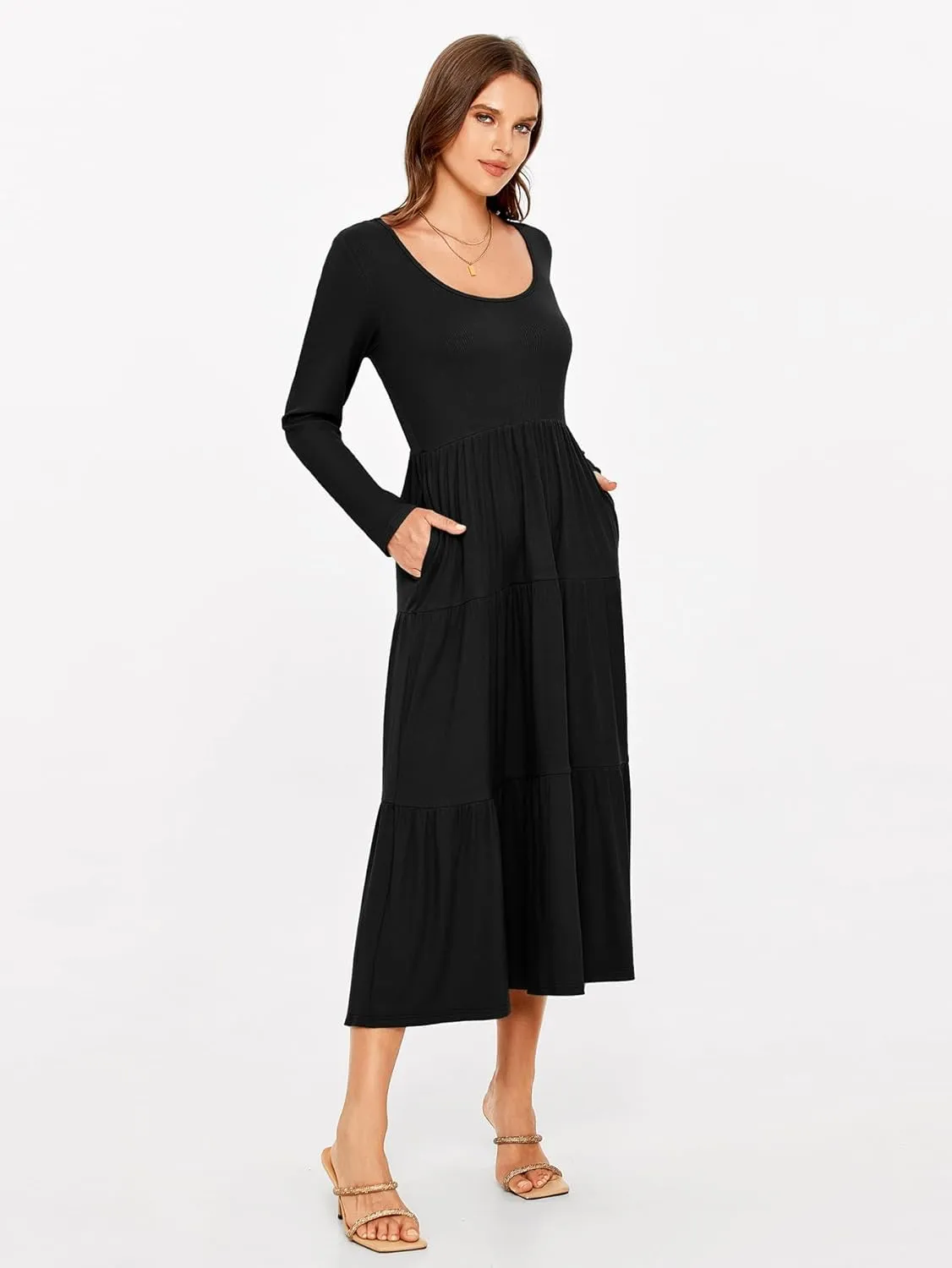 Glamaker Women's Long Sleeve Fall Dress Casual Swing Maxi Dress Tiered Midi Dress with Pockets 2024