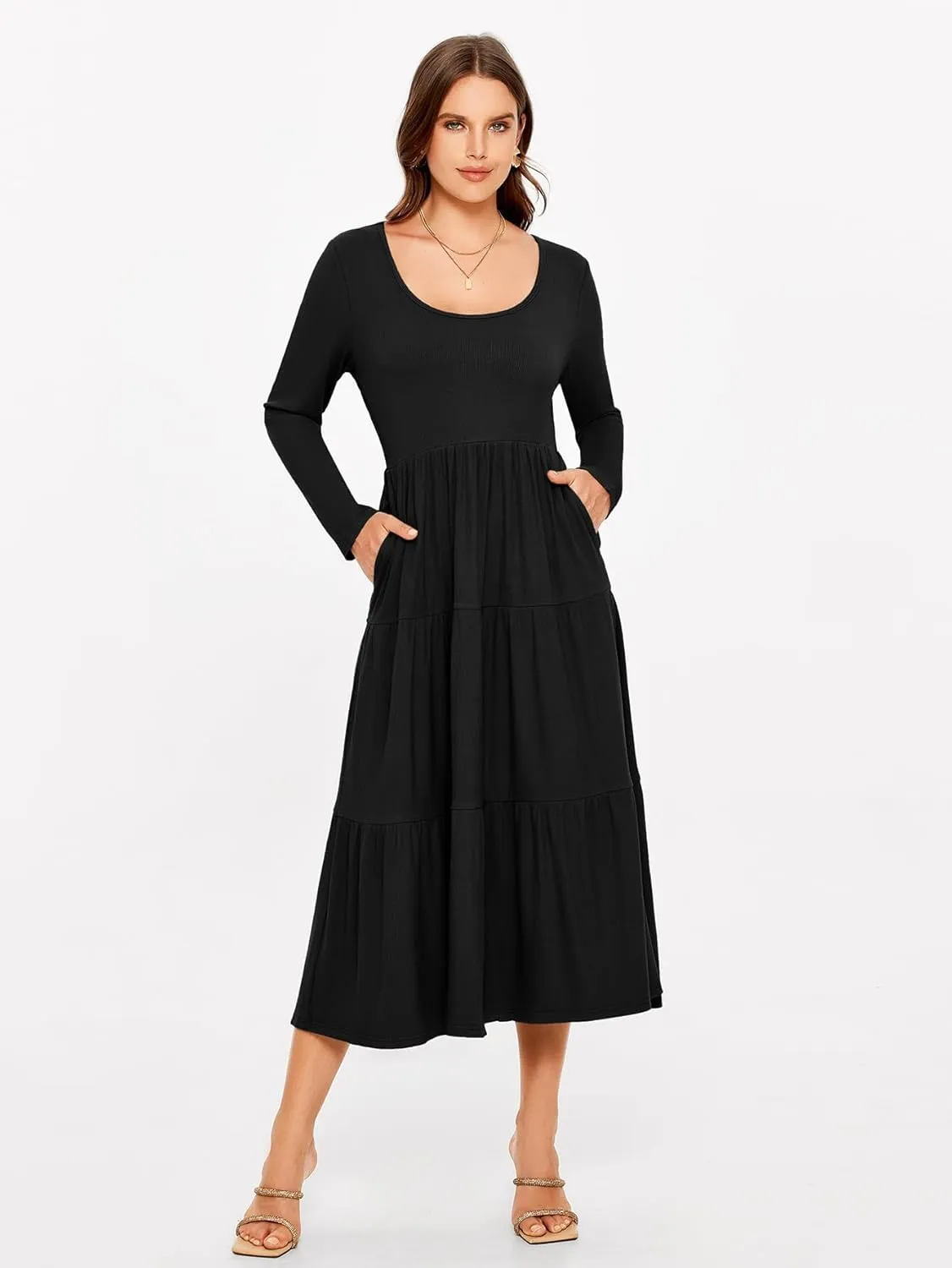 Glamaker Women's Long Sleeve Fall Dress Casual Swing Maxi Dress Tiered Midi Dress with Pockets 2024