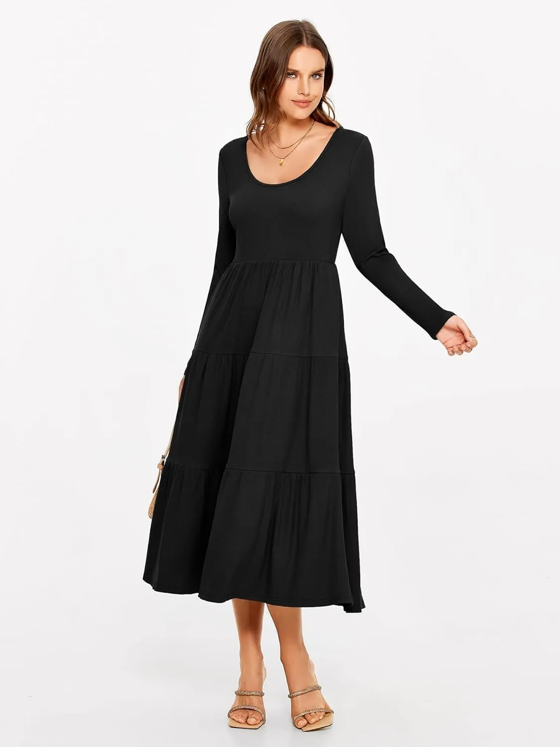 Glamaker Women's Long Sleeve Fall Dress Casual Swing Maxi Dress Tiered Midi Dress with Pockets 2024