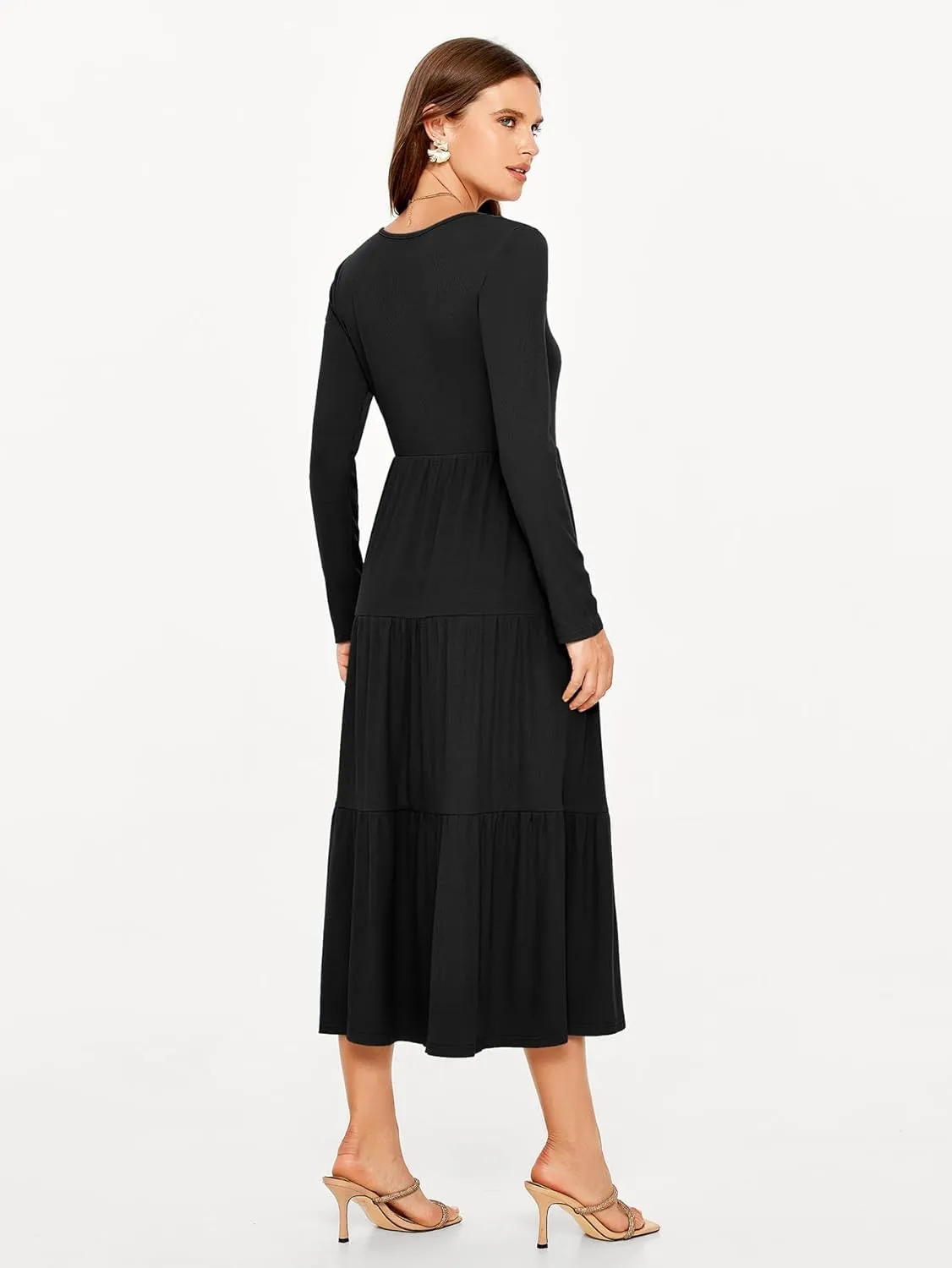 Glamaker Women's Long Sleeve Fall Dress Casual Swing Maxi Dress Tiered Midi Dress with Pockets 2024