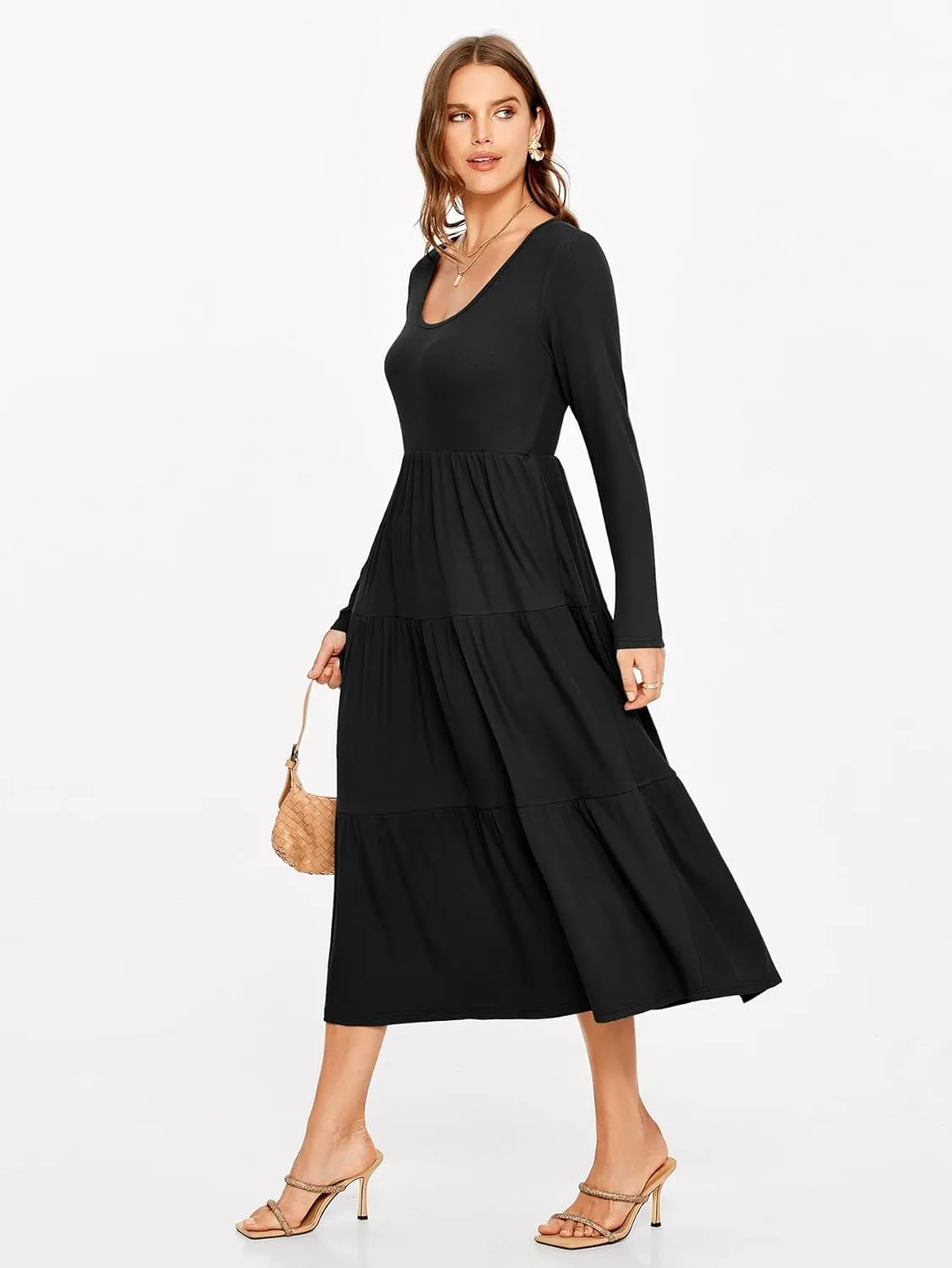 Glamaker Women's Long Sleeve Fall Dress Casual Swing Maxi Dress Tiered Midi Dress with Pockets 2024