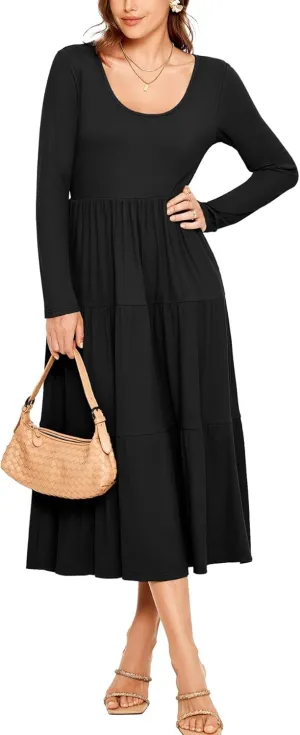 Glamaker Women's Long Sleeve Fall Dress Casual Swing Maxi Dress Tiered Midi Dress with Pockets 2024