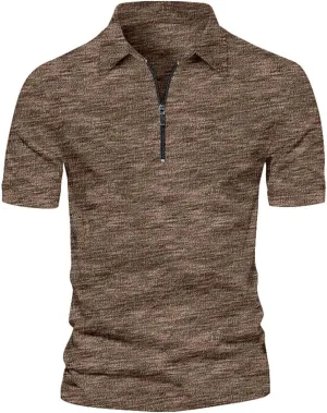Golf Polo Shirts for Men Zipper Collar Short Sleeve Tshirts Moisture Wicking Tops Big Tall Summer Work Clothes Camisa Polo Manga Larga Hombre(Coffee,Large)