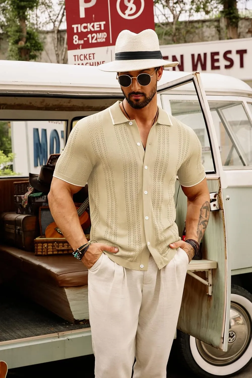 GRACE KARIN Men's Knit Polo Shirt Breathable Hollow Out Casual Button Down Shirts