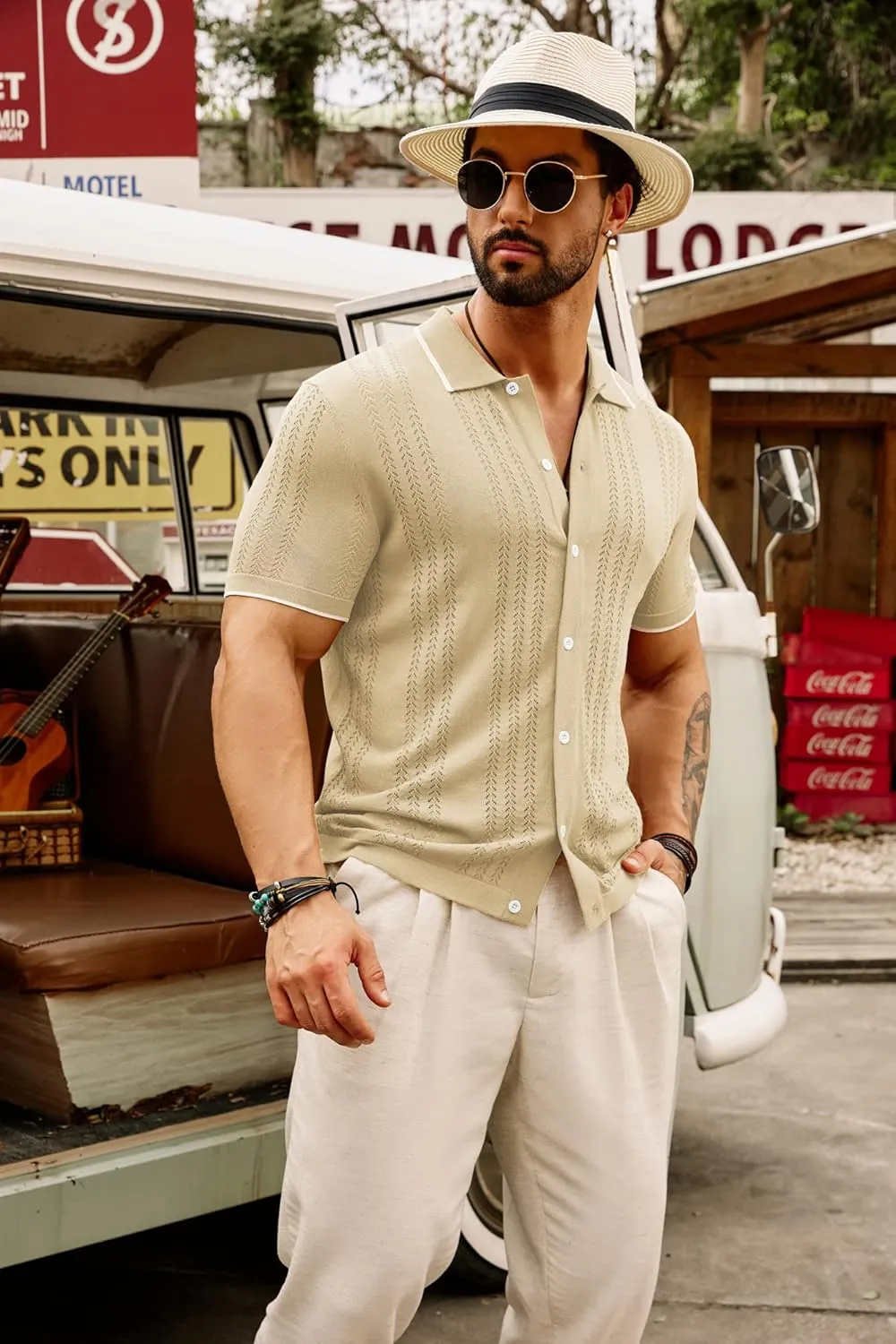 GRACE KARIN Men's Knit Polo Shirt Breathable Hollow Out Casual Button Down Shirts
