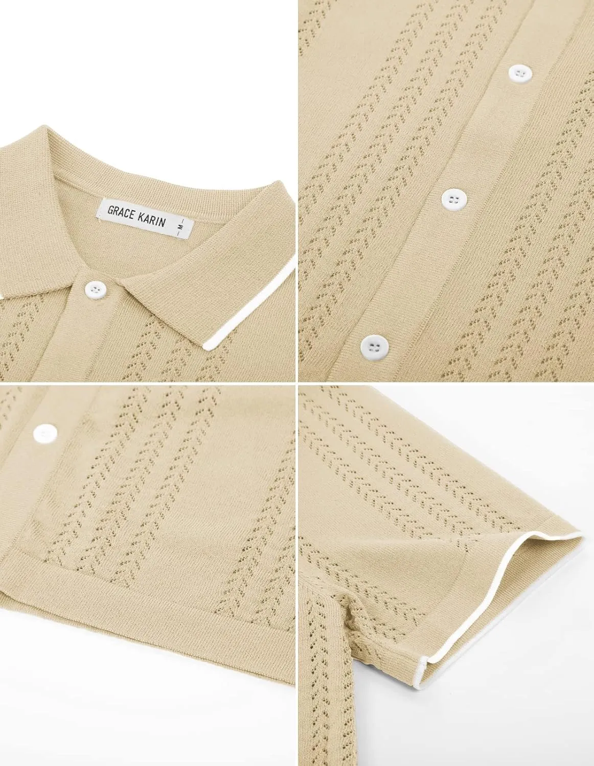 GRACE KARIN Men's Knit Polo Shirt Breathable Hollow Out Casual Button Down Shirts