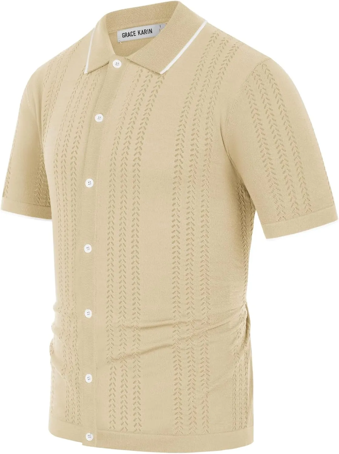 GRACE KARIN Men's Knit Polo Shirt Breathable Hollow Out Casual Button Down Shirts