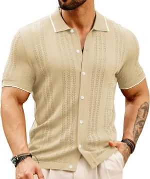 GRACE KARIN Men's Knit Polo Shirt Breathable Hollow Out Casual Button Down Shirts