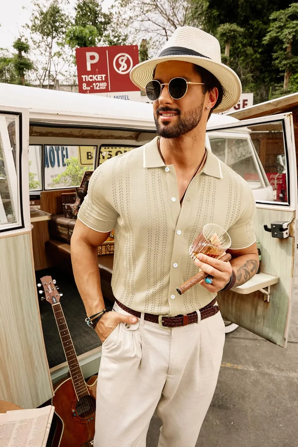 GRACE KARIN Men's Knit Polo Shirt Breathable Hollow Out Casual Button Down Shirts