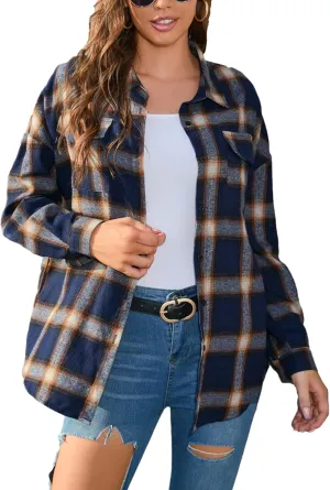 HangNiFang Womens Flannel Plaid Shirts Oversized Lightweight Button Down Shirts Blouse