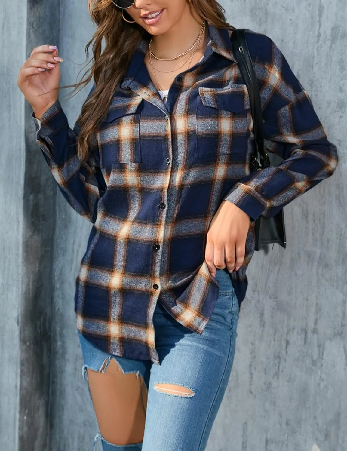 HangNiFang Womens Flannel Plaid Shirts Oversized Lightweight Button Down Shirts Blouse