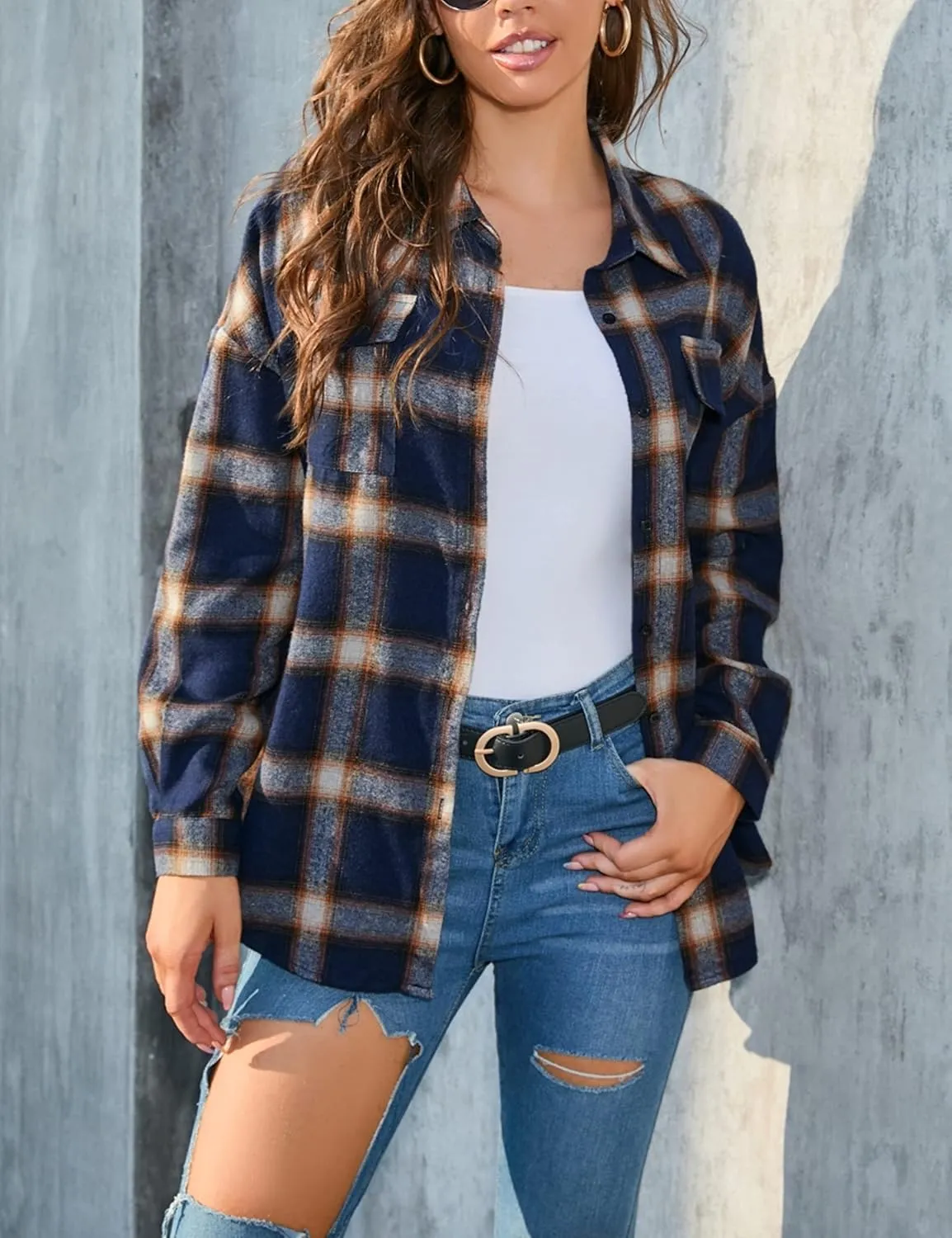 HangNiFang Womens Flannel Plaid Shirts Oversized Lightweight Button Down Shirts Blouse