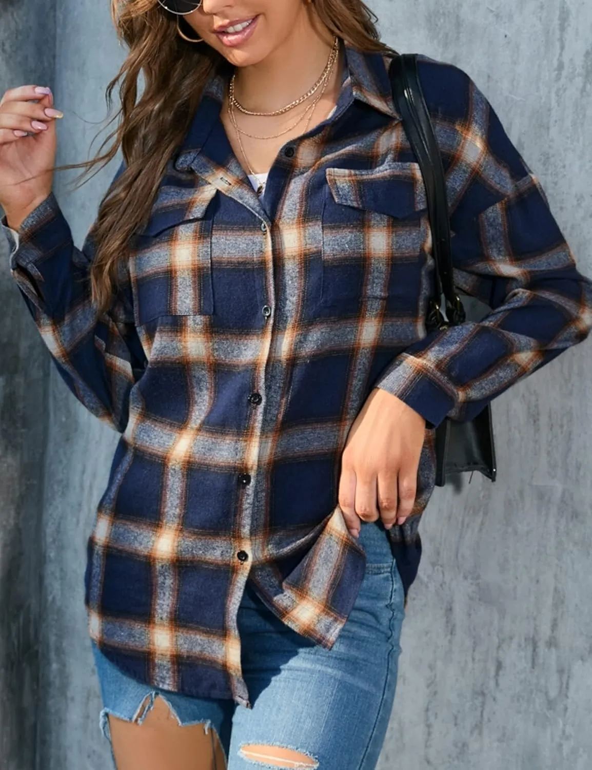 HangNiFang Womens Flannel Plaid Shirts Oversized Lightweight Button Down Shirts Blouse