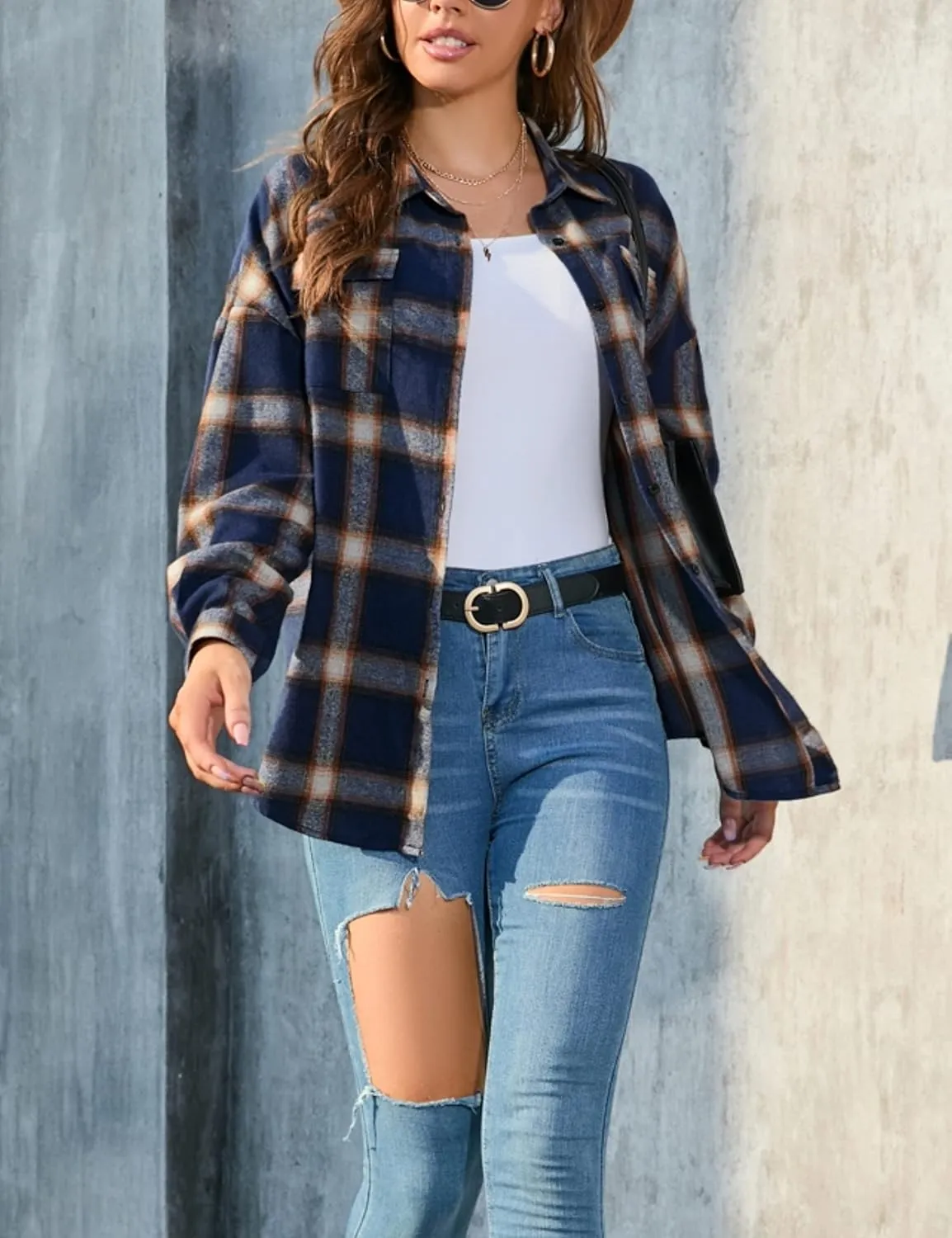 HangNiFang Womens Flannel Plaid Shirts Oversized Lightweight Button Down Shirts Blouse