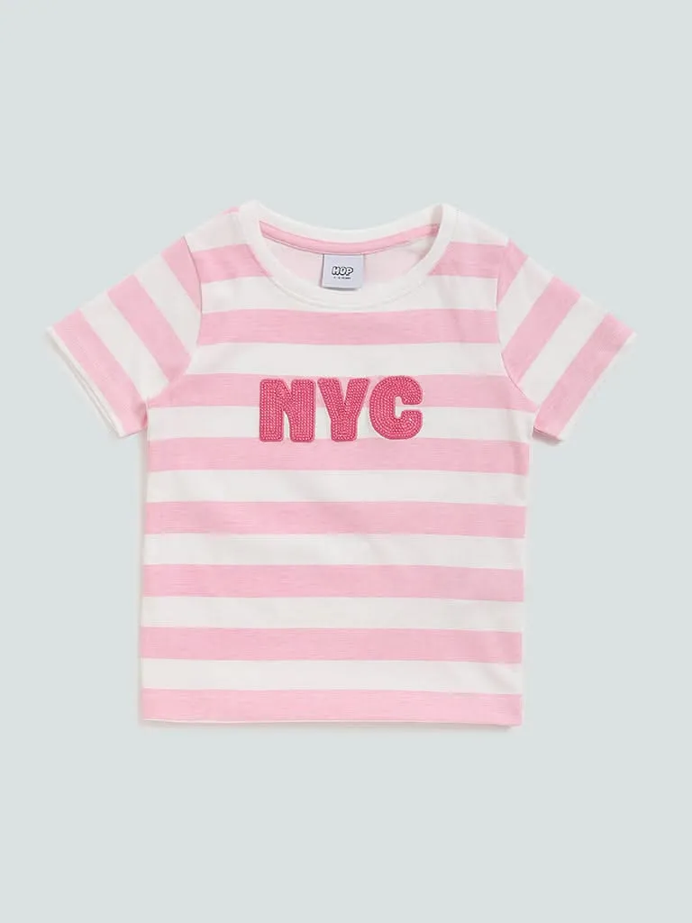 HOP Kids Pink Striped Sequin Design T-Shirt