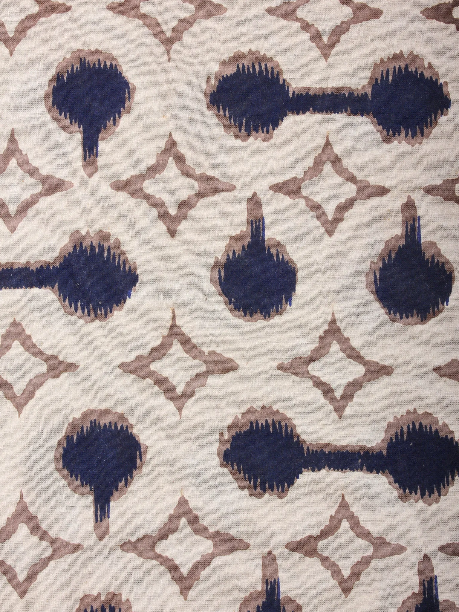 Ivory Indigo Brown Hand Block Printed Cotton Cambric Fabric Per Meter - F0916391
