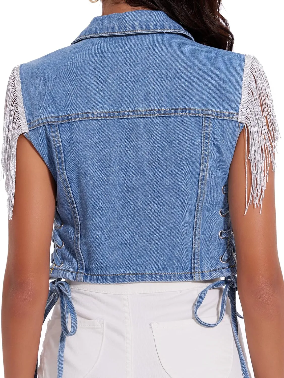 J.Corrine Women's Sleeveless Denim Vest Fringe Hem Crop Jean Jacket Western Cowgirl Outfits for Spring Summer