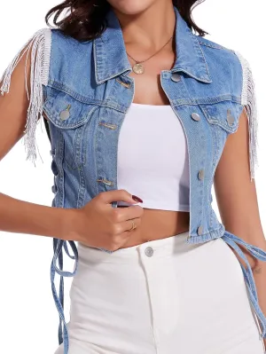 J.Corrine Women's Sleeveless Denim Vest Fringe Hem Crop Jean Jacket Western Cowgirl Outfits for Spring Summer