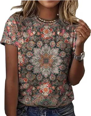 Mandala Shirt for Women Lotus Flower Graphic Tees Short Sleeve Casual Mandala T Shirts Tops