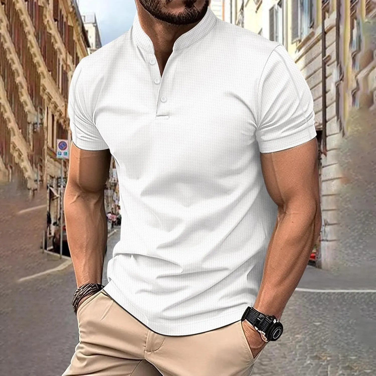 Mens Polos Short Sleeve Breathable Band Collar Golf Tshirts Summer Casaul Work Tops Lightweight Breathable Clothes
