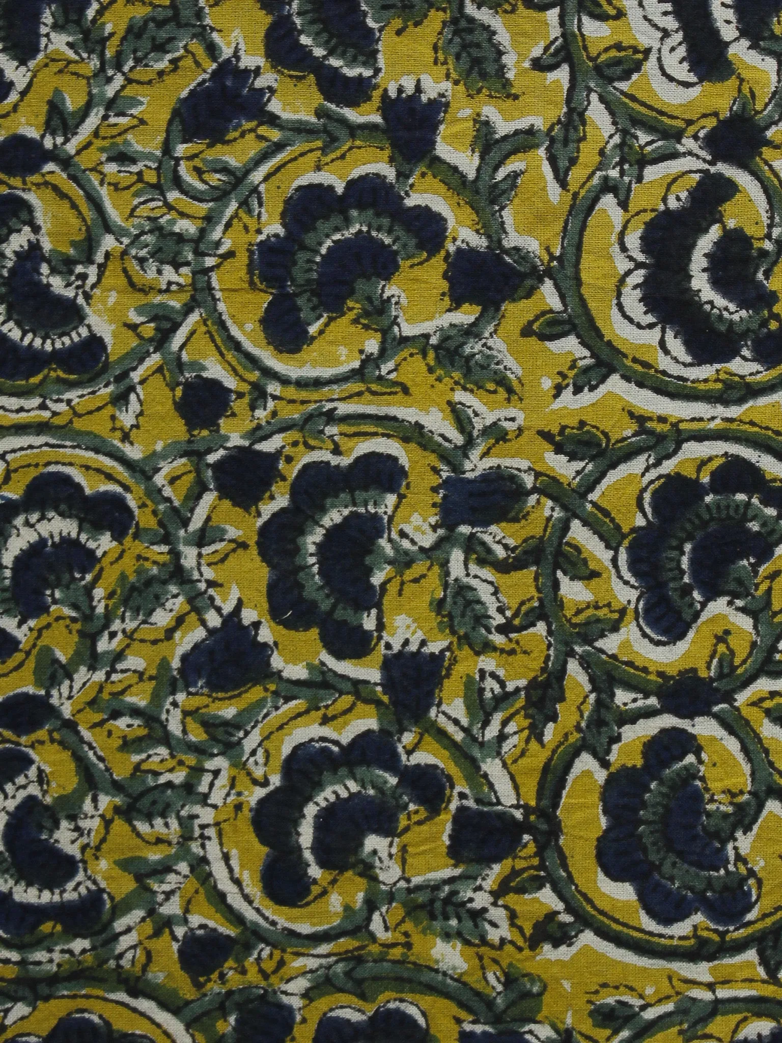 Mustard Indigo White Hand Block Printed Cotton Fabric Per Meter - F001F994