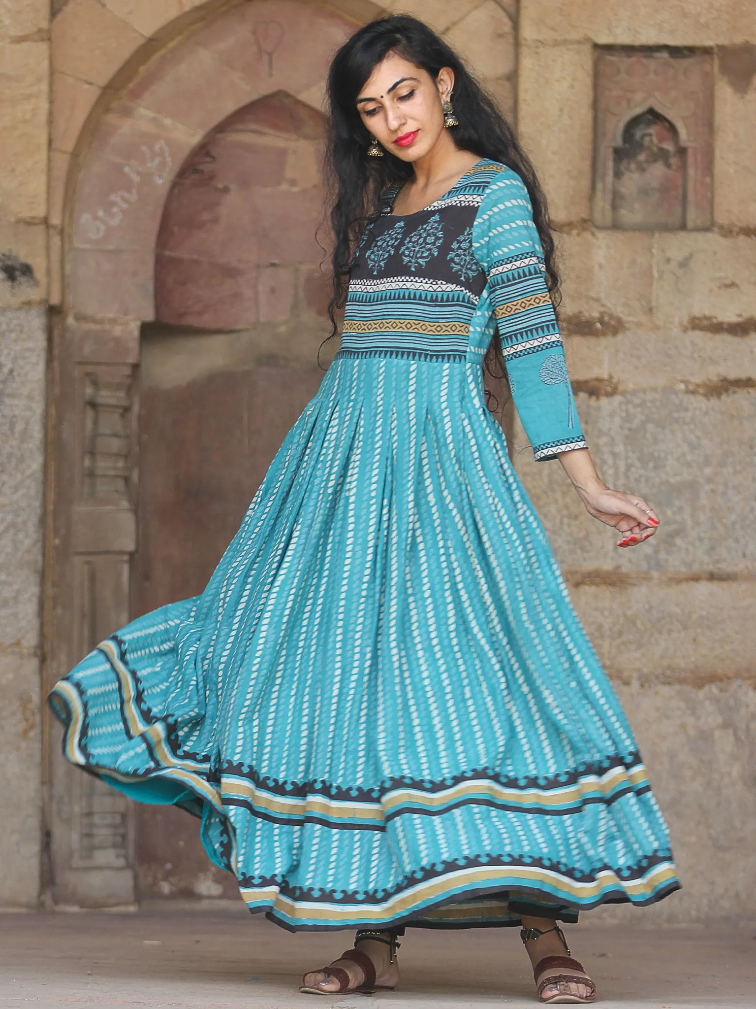 Naaz Block Heritage - Hand Block Printed Long Cotton Pleated Flare Dress - DS68F001