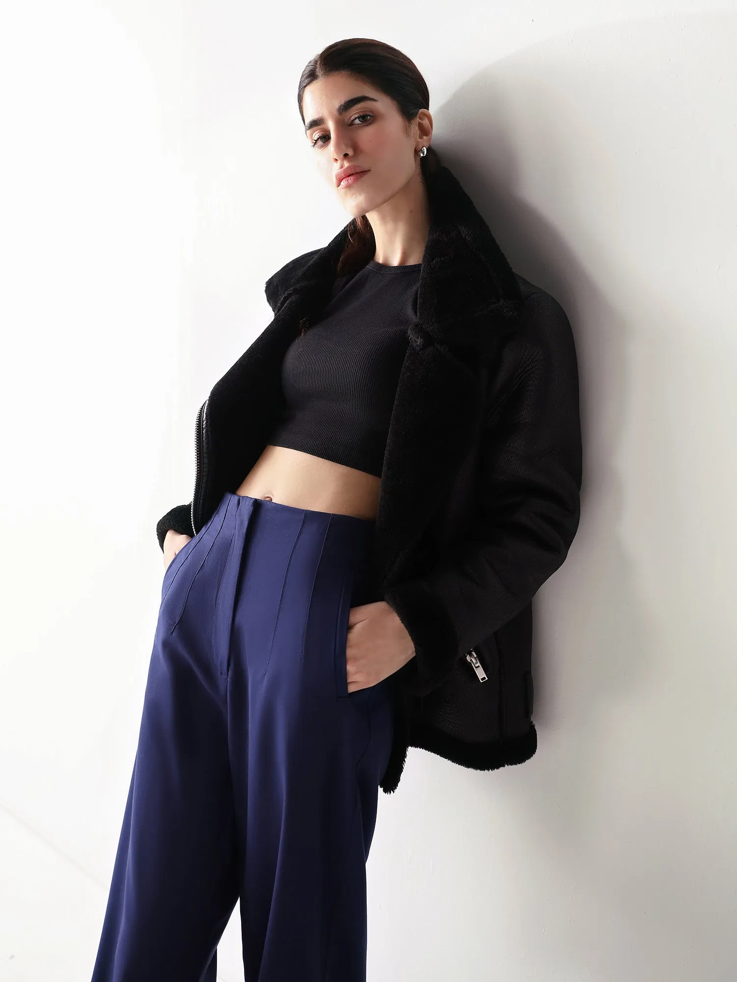 Navy High Waisted Beltless Wide Leg