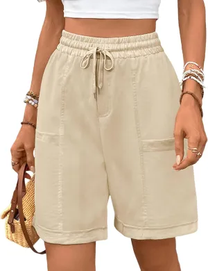 Oymyakon Women's Casual Cotton Shorts Summer Drawstring Elastic Waist Beach Shorts Comfy Pull On Shorts with Pockets