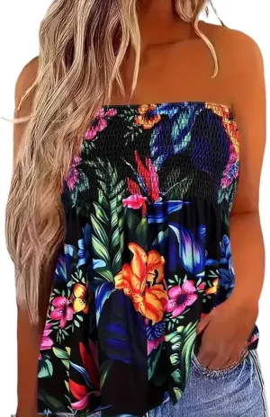 Patchwork Print Tube Tops Women Elastic Trim Strapless Vintage Blouse Multicolour Off The Shoulder Tee