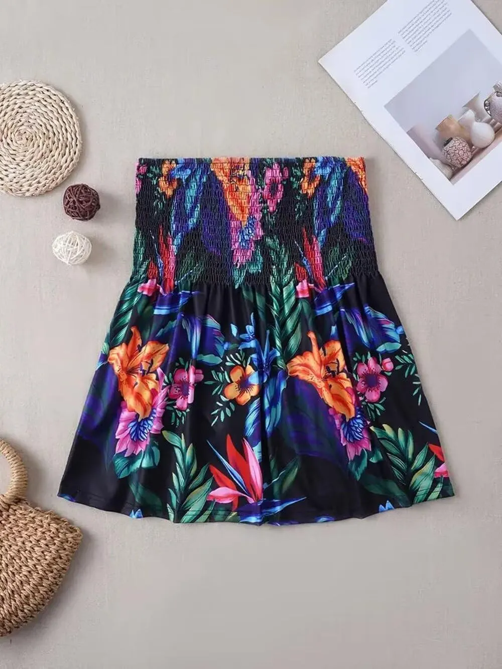 Patchwork Print Tube Tops Women Elastic Trim Strapless Vintage Blouse Multicolour Off The Shoulder Tee