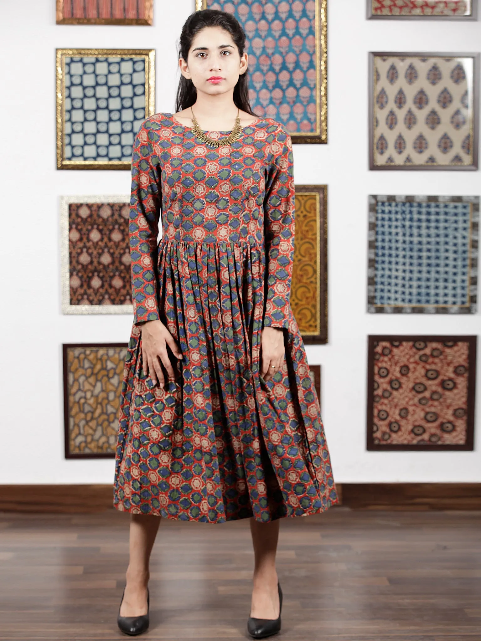 Red Teal Green Indigo Ivory Black Hand Block Printed Cotton  Midi Dress - D105F1316