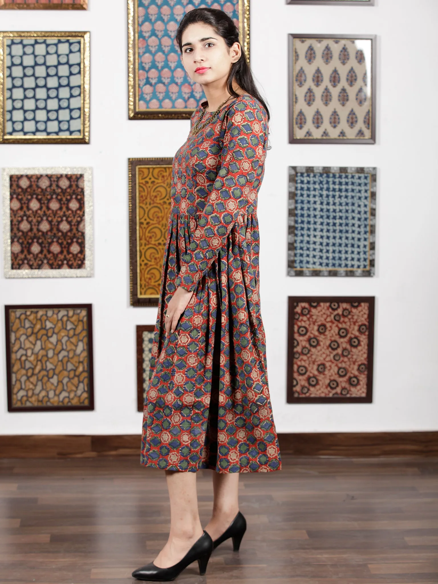 Red Teal Green Indigo Ivory Black Hand Block Printed Cotton  Midi Dress - D105F1316