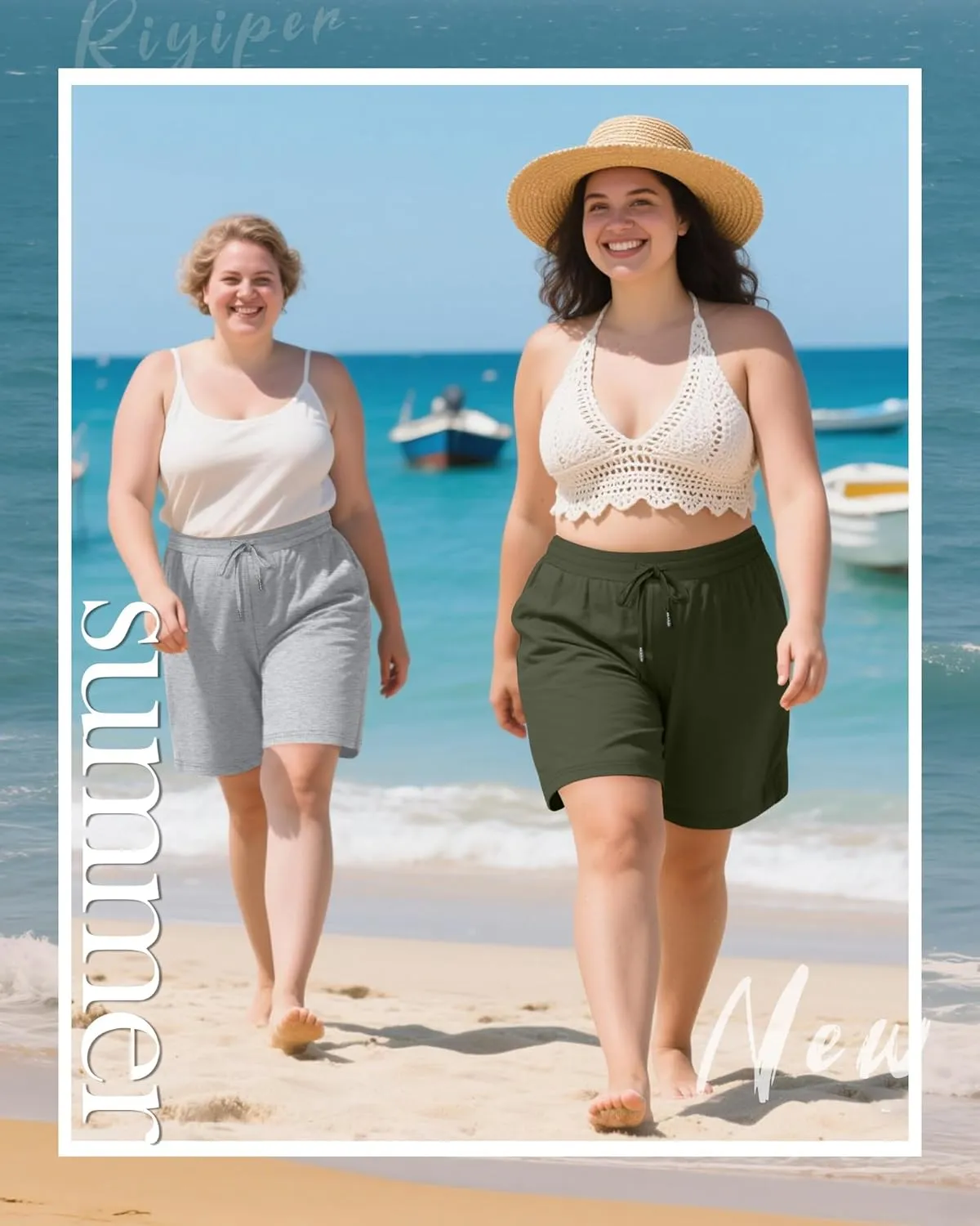 Riyiper 3 Pack Women's Plus Size Shorts Drawstring Bermuda Shorts Casual Wide Leg Knee Length Shorts with Pockets